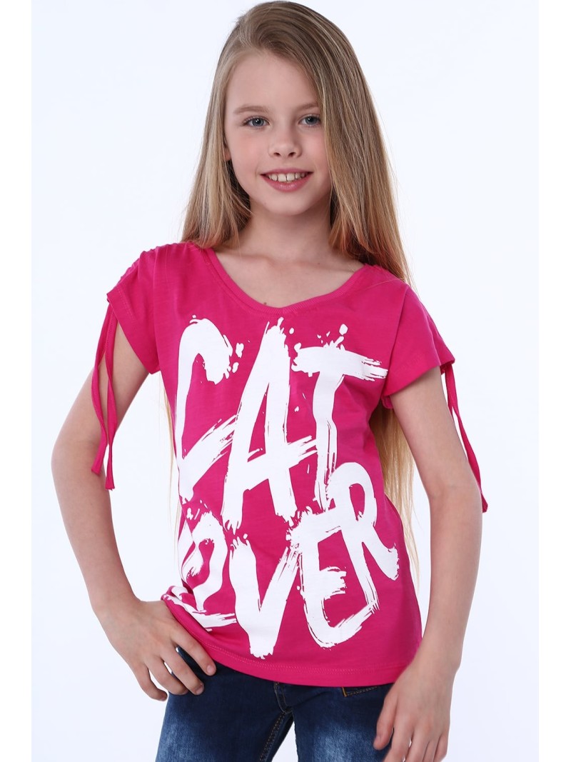 Girls\' blouse with short sleeves and an inscription, amaranth NDZ81690 - Online store - Boutique